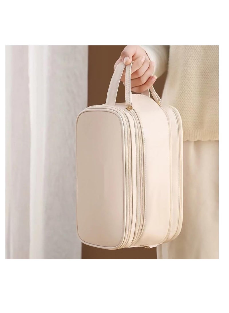 حقيبة مستحضرات التجميل للسفر ذات سعة كبيرة، حقيبة أدوات الزينة بسحاب من جلد البولي يوريثان لمستلزمات الزينة ومستحضرات التجميل وفرشاة المكياج، حقيبة تنظيم المكياج المحمولة المقاومة للماء للسفر والاستخدام المنزلي (بيج) - Image 4