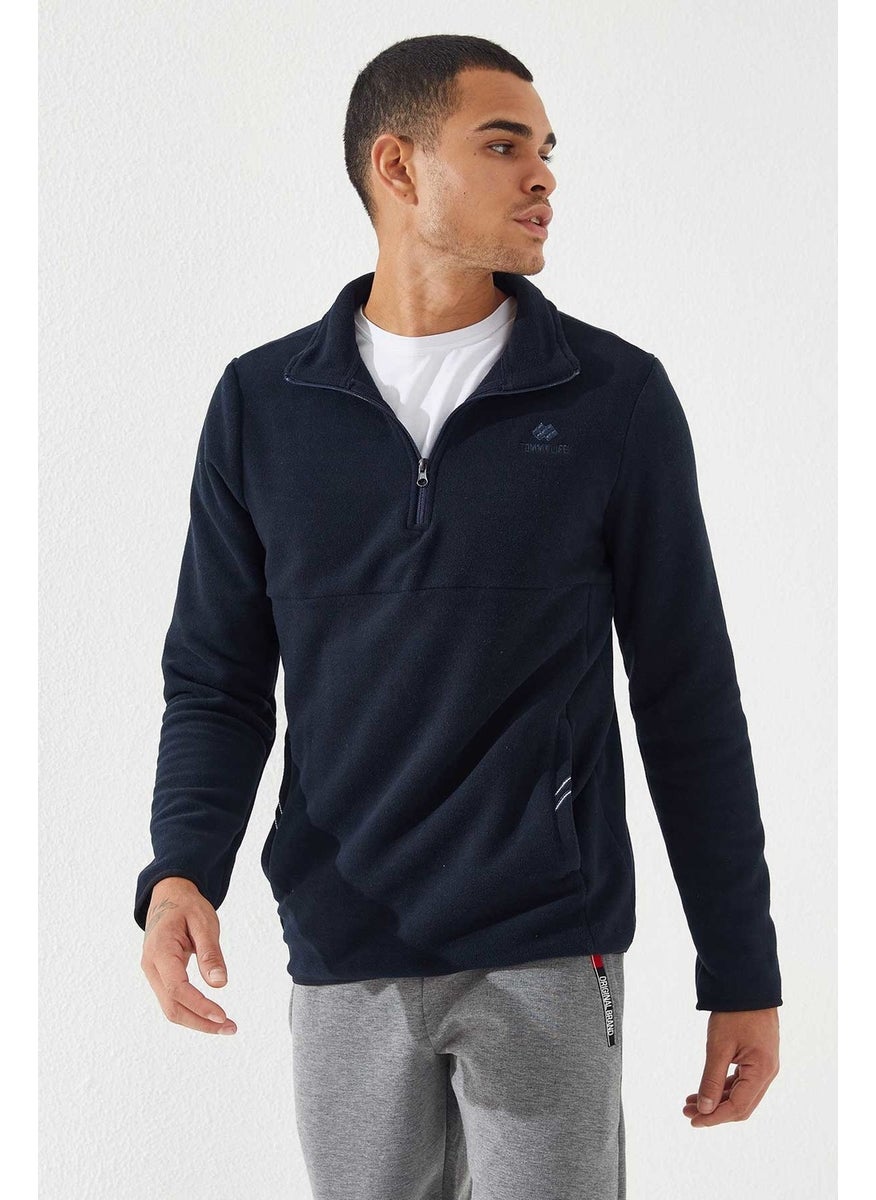 Tommy Life Navy Blue Men's Half Zip Sweatshirt Slim Fit Stand Collar Polar-87891  - Image 1