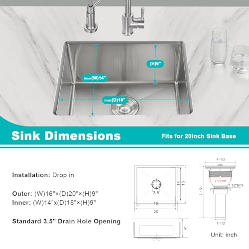 TSIBOMU 20 x 16 Inch Undermount Kitchen Sink, 304 Stainless Steel Single Bowl Small Kitchen Bar Sink Undermount, Brushed Nickel - Image 3