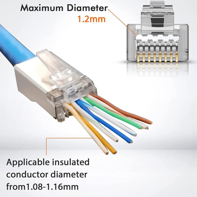 SETH ENTERPRISES Shielded RJ45 Cat6 Cat 6A Connectors - Pass Through Connector Gold Plated 3 Prong 8P8C Modular Plugs for FTP/STP Stranded Ethernet Cable & Solid Wire 23AWG (100pcs pack) - Image 5