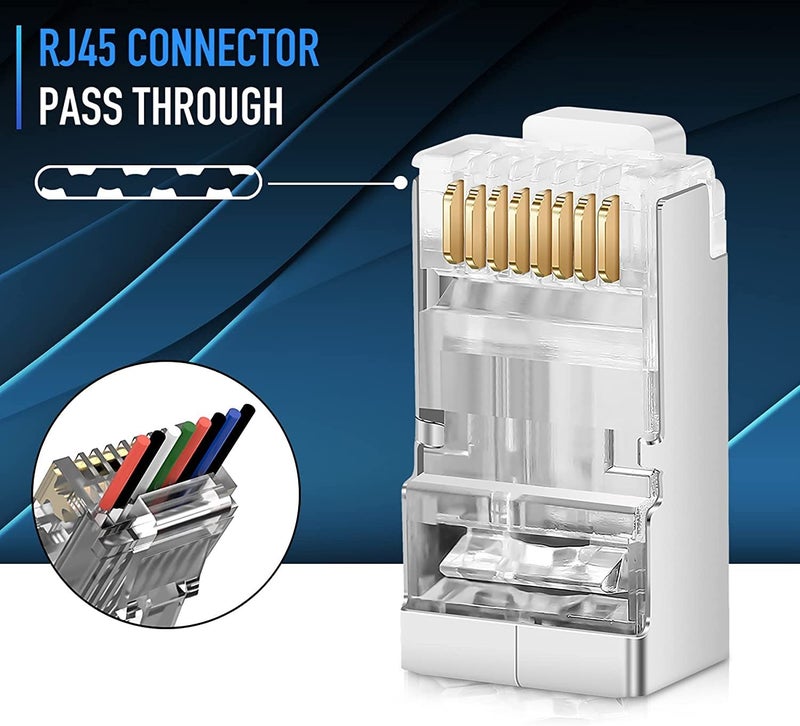 SETH ENTERPRISES Shielded RJ45 Cat6 Cat 6A Connectors - Pass Through Connector Gold Plated 3 Prong 8P8C Modular Plugs for FTP/STP Stranded Ethernet Cable & Solid Wire 23AWG (100pcs pack) - Image 3