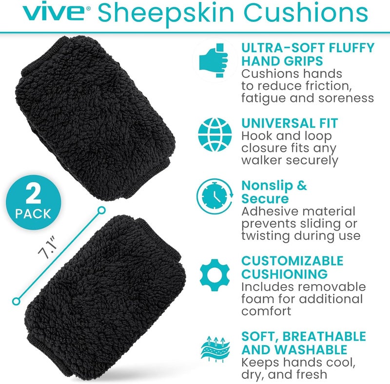 VIVE Sheepskin Walker Grips (2-Pack) - Hand Pad Accessories for Folding Rollator, Crutches - Soft Cushion Handle Cover for Adult, Handicap, Seniors - Medical Handlebar Foam Padding Set for Disability - Image 2