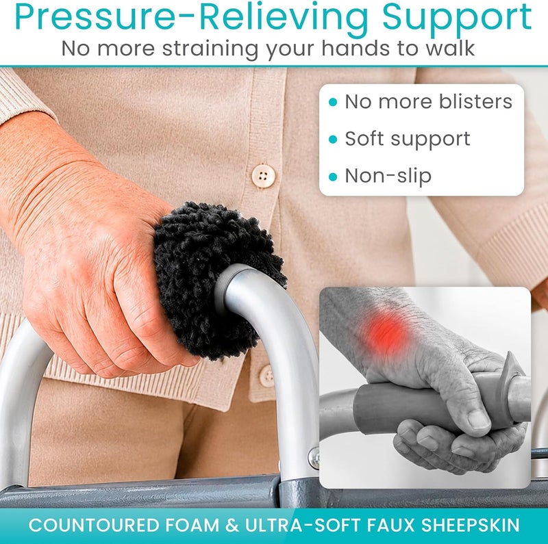 VIVE Sheepskin Walker Grips (2-Pack) - Hand Pad Accessories for Folding Rollator, Crutches - Soft Cushion Handle Cover for Adult, Handicap, Seniors - Medical Handlebar Foam Padding Set for Disability - Image 3