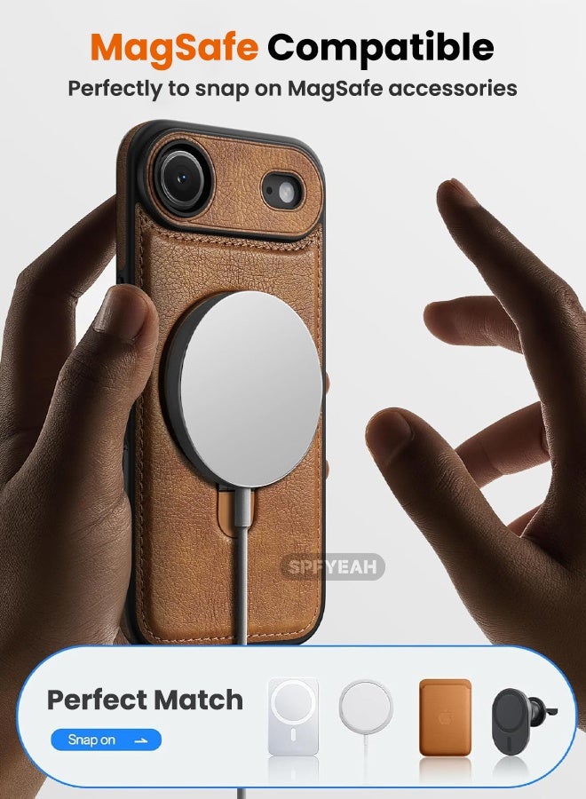 اس بي اف يا. جراب iPhone 17 Air مصنوع من الجلد، مع حامل حلقي مغناطيسي غير مرئي [متوافق مع Magsafe] غطاء فاخر وأنيق وجميل التصميم، غطاء هاتف رفيع غير قابل للانزلاق بمظهر عتيق، بني - Image 2