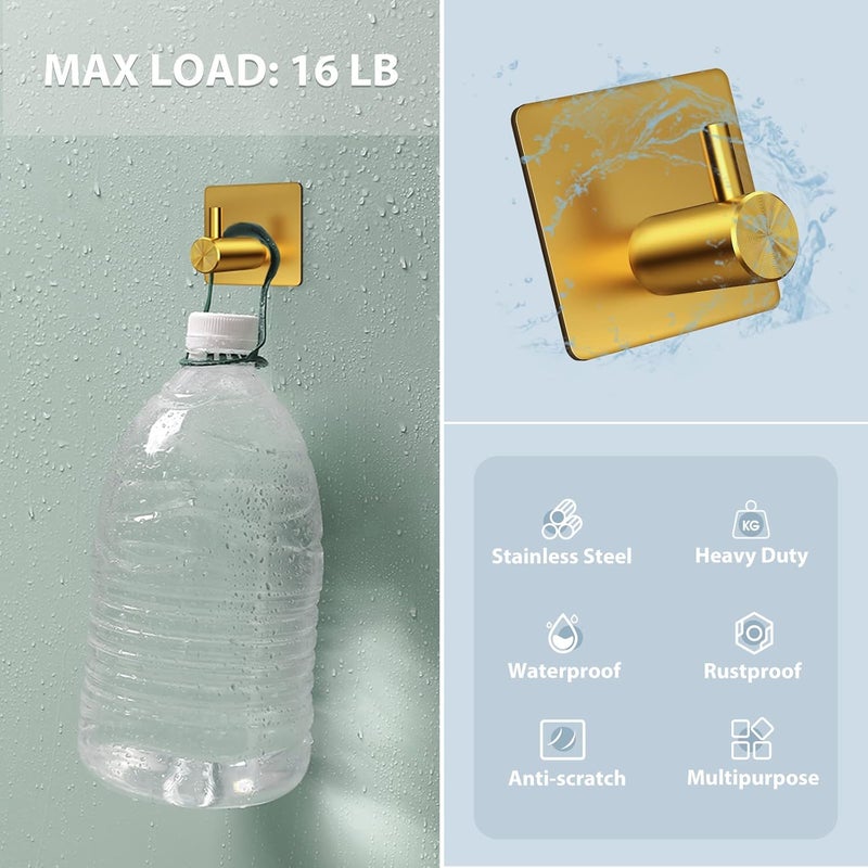 VIS'V All usage compatible Adhesive Hooks, Gold Adhesive Towel Hooks Waterproof Self Adhesive Shower Wall Hooks Stainless Steel Stick on Hooks Heavy Duty Sticky Hooks for Bathroom Kitchen Livingroom Camper - 4 Pcs High strength upgraded material - Image 4