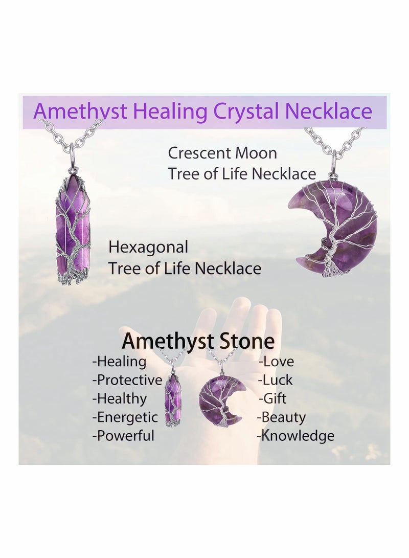 Excefore Amethyst Healing Crystal Stone Necklace Silver Wire Wrapped Crescent Moon Pendant Crystal Necklaces for Women Amethyst Jewellery Natural Quartz Crystal Reiki Gemstone Necklace Valentines Gift - Image 2