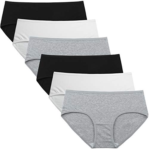 INNERSY Women's Mid Rise Tagless Plain Color Cotton Hipster Panties 6-Pack (X-Large/8(Hip:42-43.5"), Black-White-Grey) - Image 1