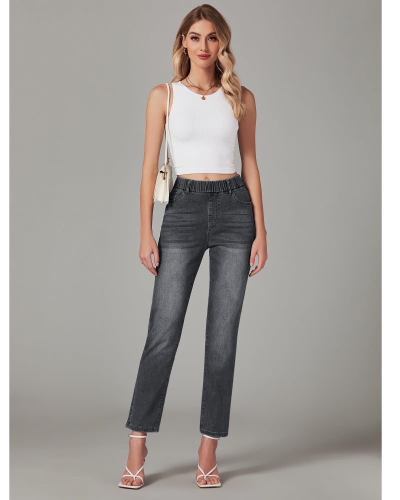 GRAPENT Elastic Waist Jeans for Women Work Clothes for Women Pull On Pants Stretch Jean Pants for Ladies High Waist Mom Jeans High Waisted Color Washed Black XX-Large Size 20 Size 22 - Image 3