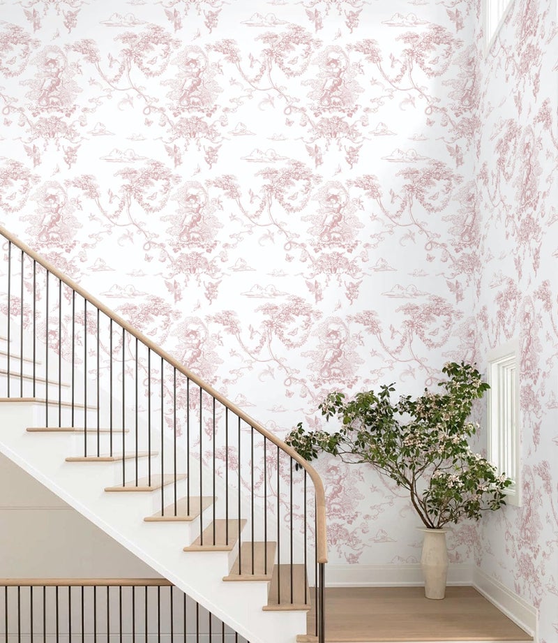 CiCiwind Peel and Stick Wallpaper Pink and White Wallpaper Vintage Toile Wall Paper for Bathroom Bedroom Living Room French Self Adhesive Removable Contact Paper for Cabinets 17.3"Ã—78.7" Vinyl Rolls - Image 5
