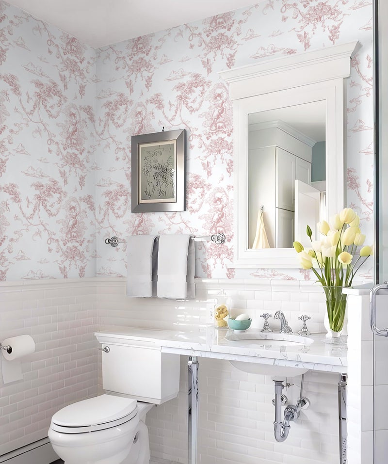 CiCiwind Peel and Stick Wallpaper Pink and White Wallpaper Vintage Toile Wall Paper for Bathroom Bedroom Living Room French Self Adhesive Removable Contact Paper for Cabinets 17.3"Ã—78.7" Vinyl Rolls - Image 4