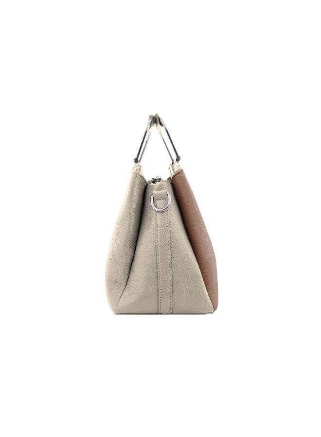 Foska Women's Handbag & Shoulder Bag - Geometric Design, Metal Handle - Beige & Brown - 30x21.5 cm - Image 3