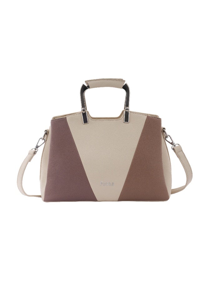 Foska Women's Handbag & Shoulder Bag - Geometric Design, Metal Handle - Beige & Brown - 30x21.5 cm - Image 1