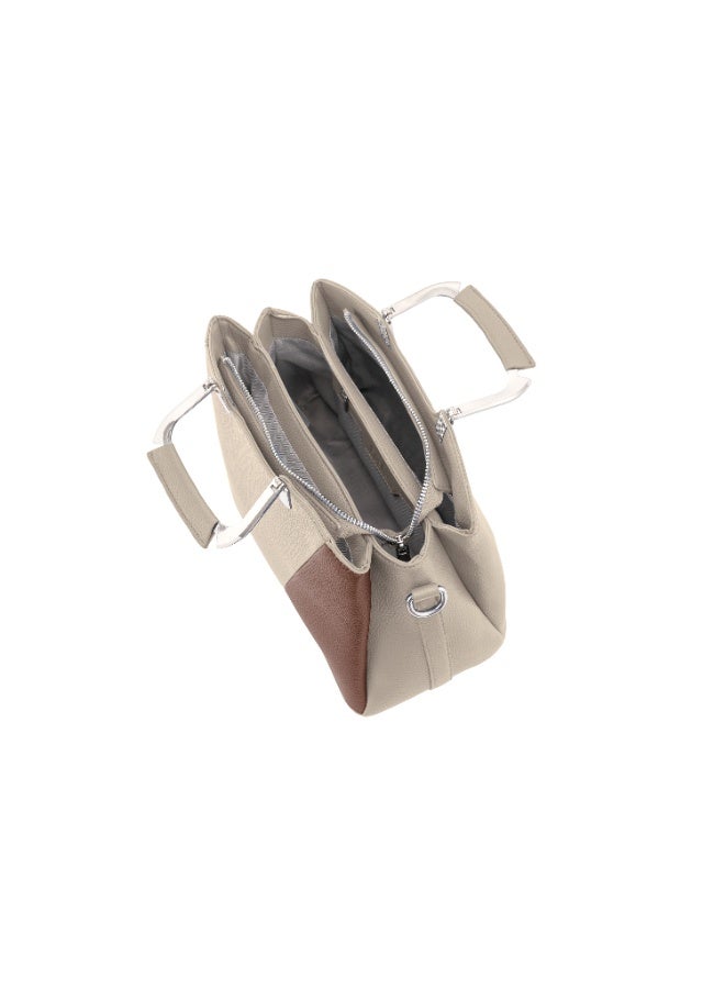 Foska Women's Handbag & Shoulder Bag - Geometric Design, Metal Handle - Beige & Brown - 30x21.5 cm - Image 5