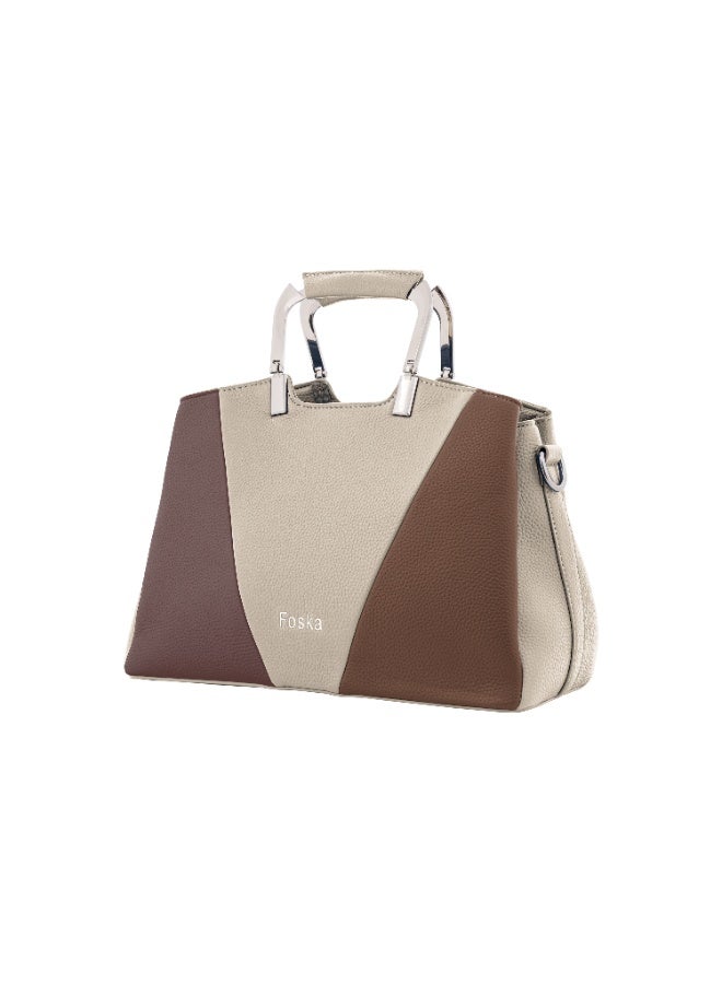 Foska Women's Handbag & Shoulder Bag - Geometric Design, Metal Handle - Beige & Brown - 30x21.5 cm - Image 2