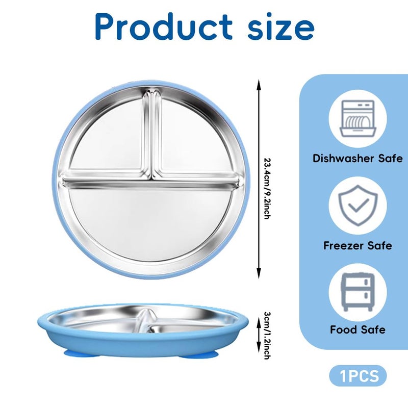 HASTHIP طبق طعام للأطفال مع أكواب شفط، 9 بوصة دائري 3 أقسام، طعام من الفولاذ المقاوم للصدأ لتدريب الأطفال على الأكل الذاتي، مضاد للانقلاب، ضحل لوجبة الإفطار، الخبز، الوجبات الخفيفة - Image 2