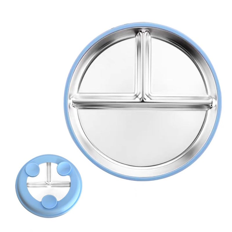 HASTHIP طبق طعام للأطفال مع أكواب شفط، 9 بوصة دائري 3 أقسام، طعام من الفولاذ المقاوم للصدأ لتدريب الأطفال على الأكل الذاتي، مضاد للانقلاب، ضحل لوجبة الإفطار، الخبز، الوجبات الخفيفة - Image 1