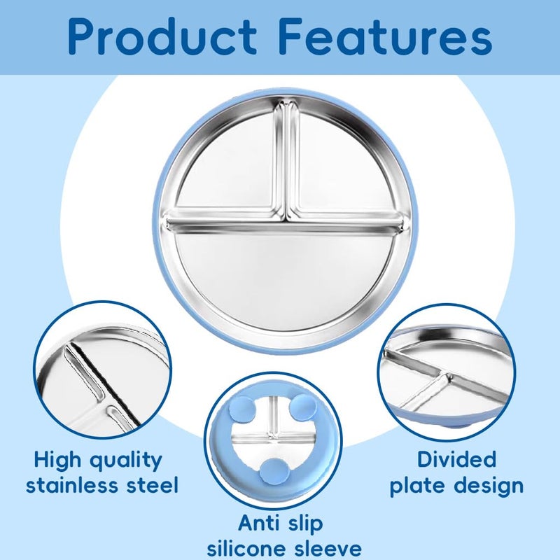 HASTHIP طبق طعام للأطفال مع أكواب شفط، 9 بوصة دائري 3 أقسام، طعام من الفولاذ المقاوم للصدأ لتدريب الأطفال على الأكل الذاتي، مضاد للانقلاب، ضحل لوجبة الإفطار، الخبز، الوجبات الخفيفة - Image 3