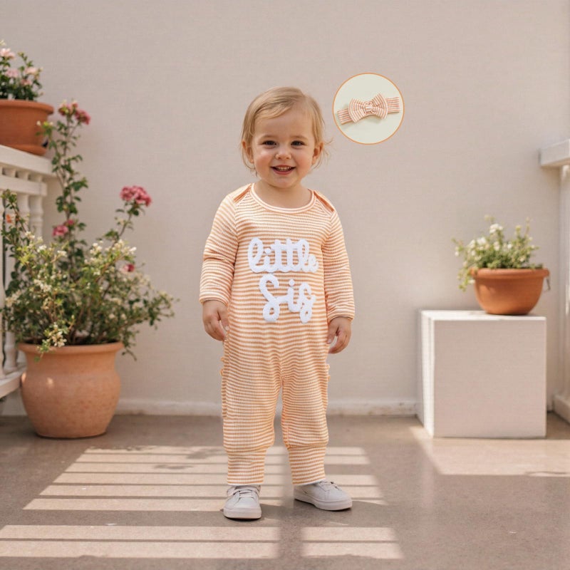 allshope Infant Baby Girl Fall Outfit Sweatshirt Romper Little Sister Lil Sis Long Sleeve Jumpsuit Newborn Clothes (Stripe Little Sis Orange, Newborn) - Image 3