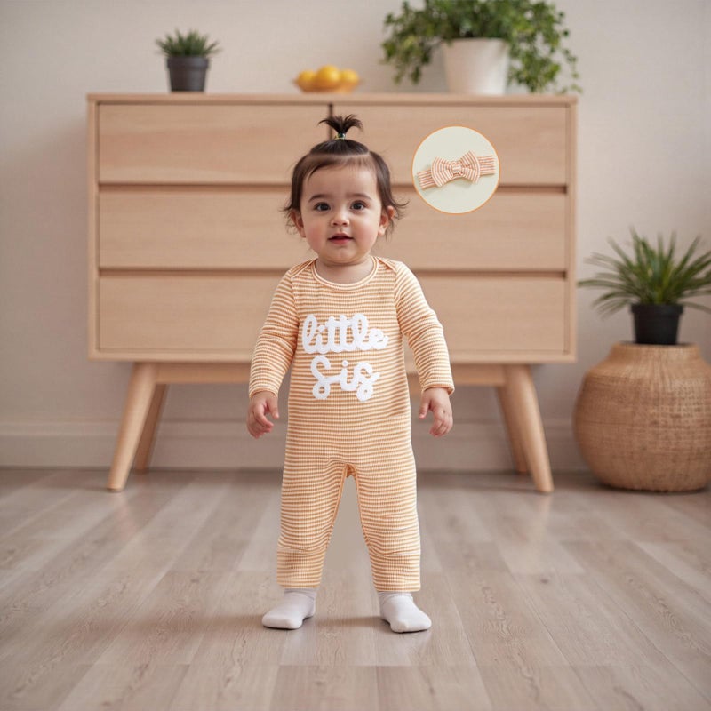 allshope Infant Baby Girl Fall Outfit Sweatshirt Romper Little Sister Lil Sis Long Sleeve Jumpsuit Newborn Clothes (Stripe Little Sis Orange, Newborn) - Image 2