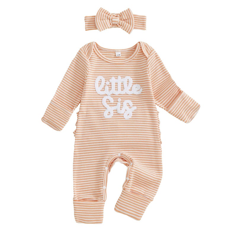 allshope Infant Baby Girl Fall Outfit Sweatshirt Romper Little Sister Lil Sis Long Sleeve Jumpsuit Newborn Clothes (Stripe Little Sis Orange, Newborn) - Image 1