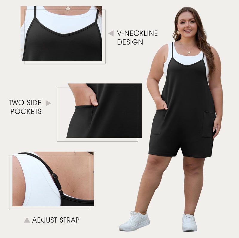 OLRIK Womens 2026 Summer Plus Size Romper Adjustable Spaghetti Strap Jumpsuits With Pockets Sleeveless Casual Overall Shorts Black-4X - Image 3