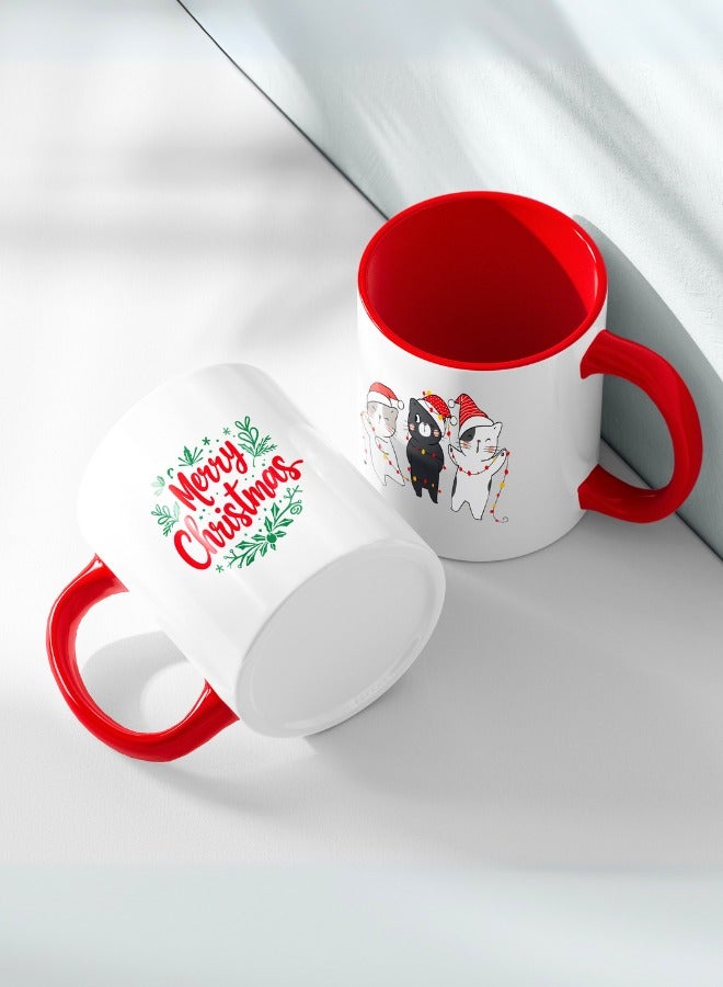 Christmas Mugs with Cute Cat Design + Merry Christmas - Pack of 2 - Premium Ceramic Mug with Inner and Handle Red  - Image 1