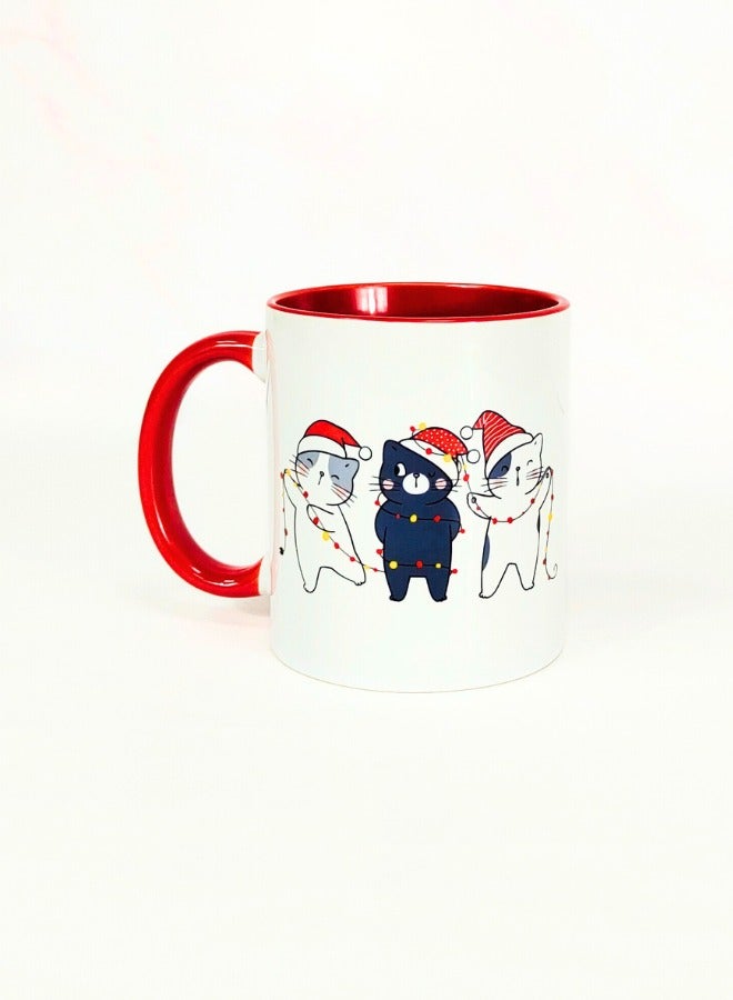 Christmas Mugs with Cute Cat Design + Merry Christmas - Pack of 2 - Premium Ceramic Mug with Inner and Handle Red  - Image 2
