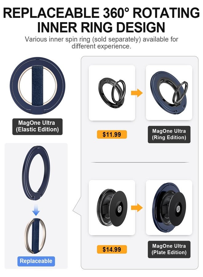 إيوا حامل EWA MagOne Ultra للهاتف مع حلقة إصبع مرنة قابلة للاستبدال، وحامل مغناطيسي قابل للإزالة، وحلقة مسند، وملحقات مغناطيسية مزدوجة الجوانب لهواتف iPhone 15 و14 و13 Pro/Max/Plus - أزرق - Image 5