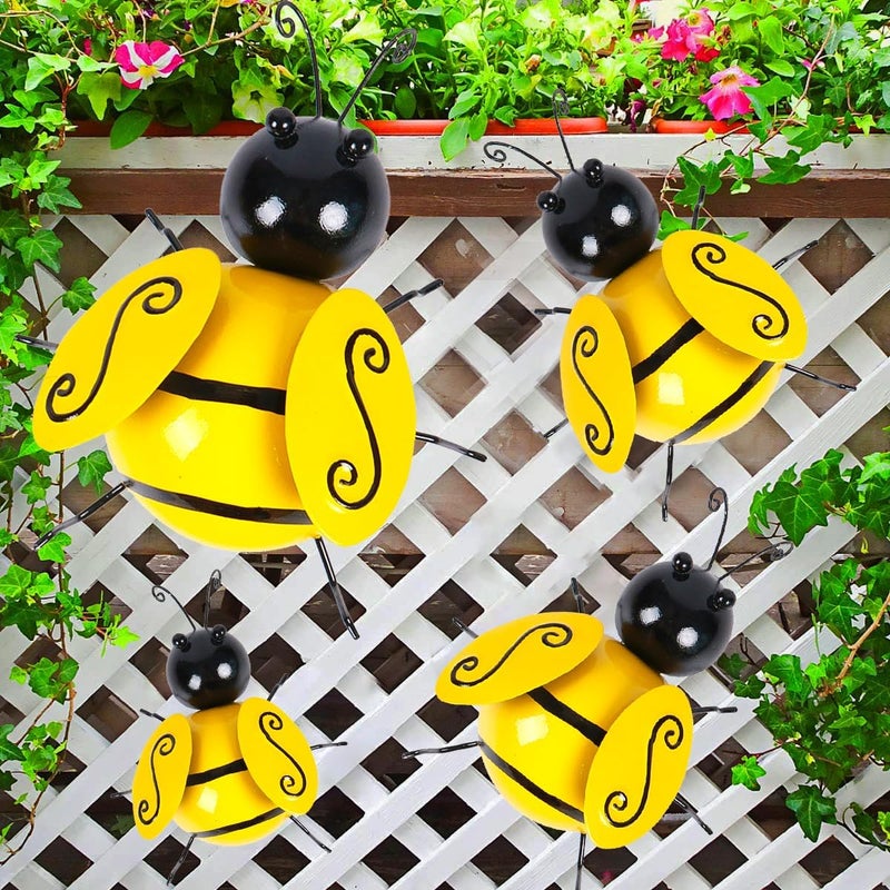 Miyolo Metal Bumble Bees Garden Outdoor Decor Honey Bee Yard Art Outside Patio Fence Home Wall Decorations Set of 4