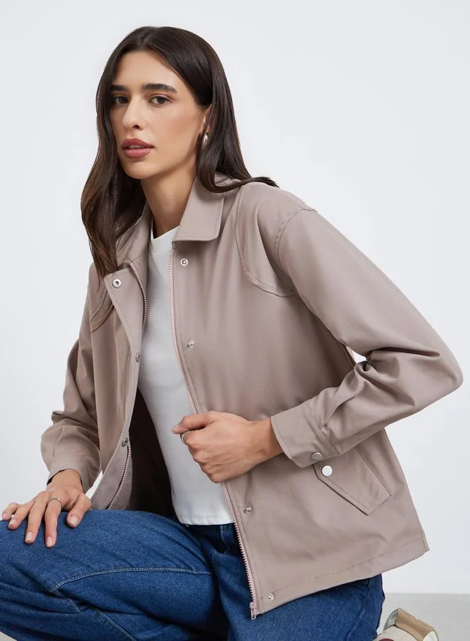 Styli Styli Beige Regular Fit Button-Zip Jacket