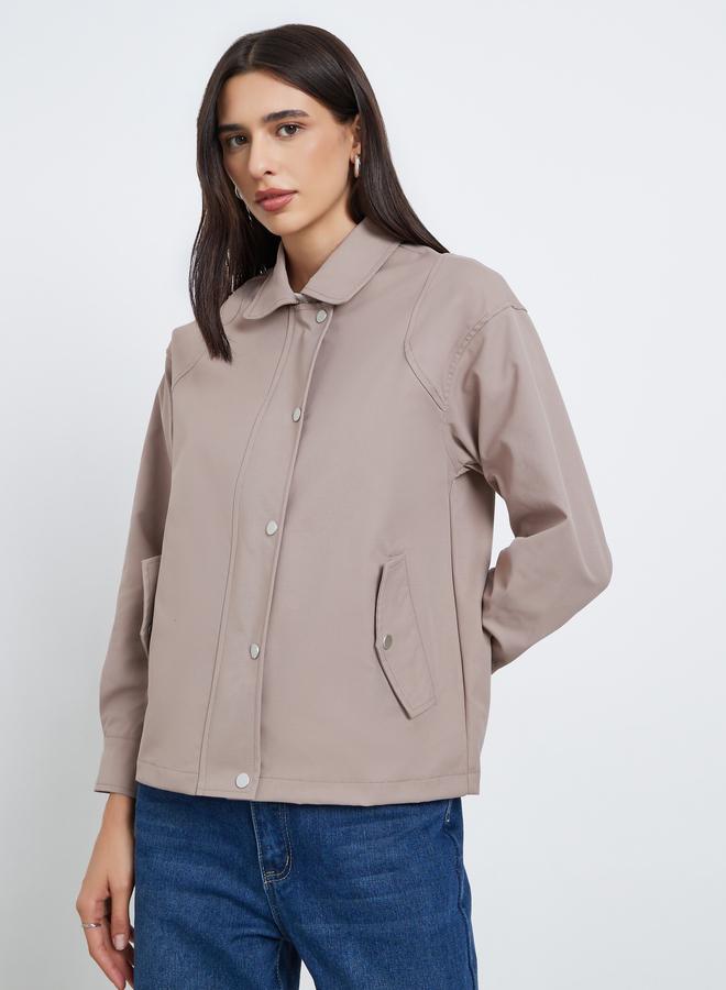 Styli Beige Regular Fit Button-Zip Jacket - Image 3