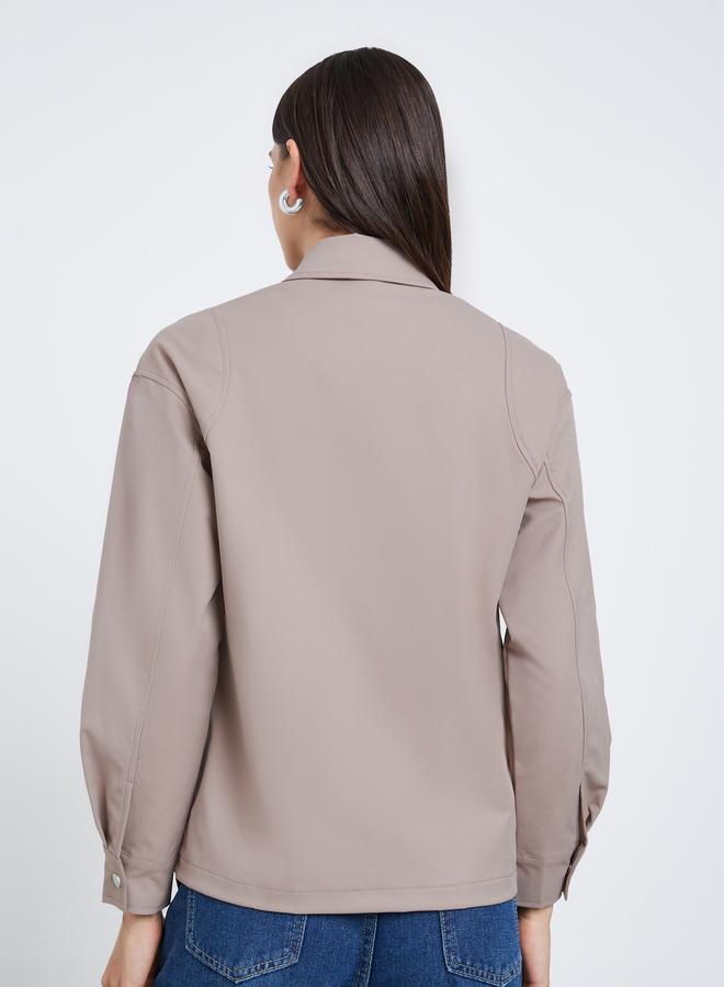 Styli Beige Regular Fit Button-Zip Jacket - Image 5