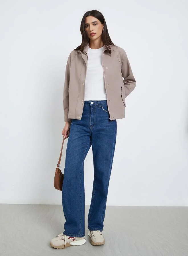 Styli Styli Beige Regular Fit Button-Zip Jacket