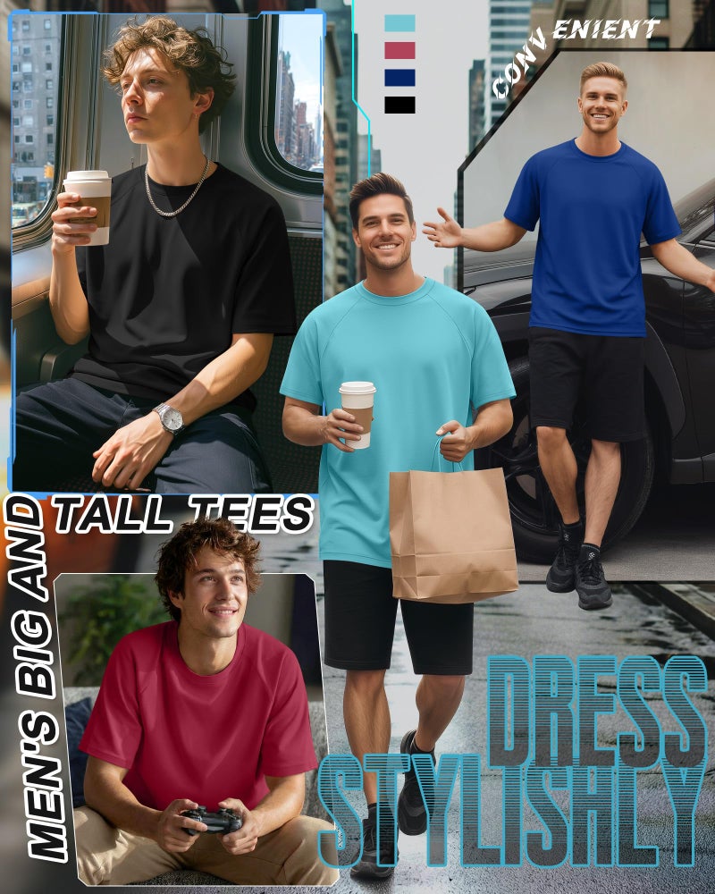Evervibe 4 Pack Men's Big & Tall Short Sleeve Tees, Crew Neck Shirts Moisture Wicking Gym Casual Tops Multipack(Black, Light Blue, Watermelon Red, Art Blue,X-Large) - Image 5