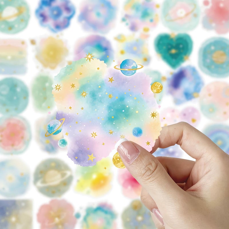 56 Pcs Multicolor Watercolor Fantasy Galaxy Planet Transparent Stickers for Student Diary Notebook Decoration - Image 4
