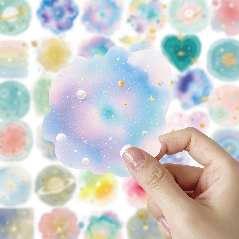 56 Pcs Multicolor Watercolor Fantasy Galaxy Planet Transparent Stickers for Student Diary Notebook Decoration - Image 3
