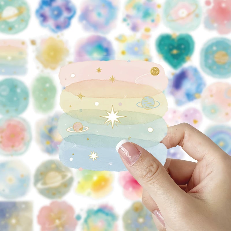 56 Pcs Multicolor Watercolor Fantasy Galaxy Planet Transparent Stickers for Student Diary Notebook Decoration - Image 1