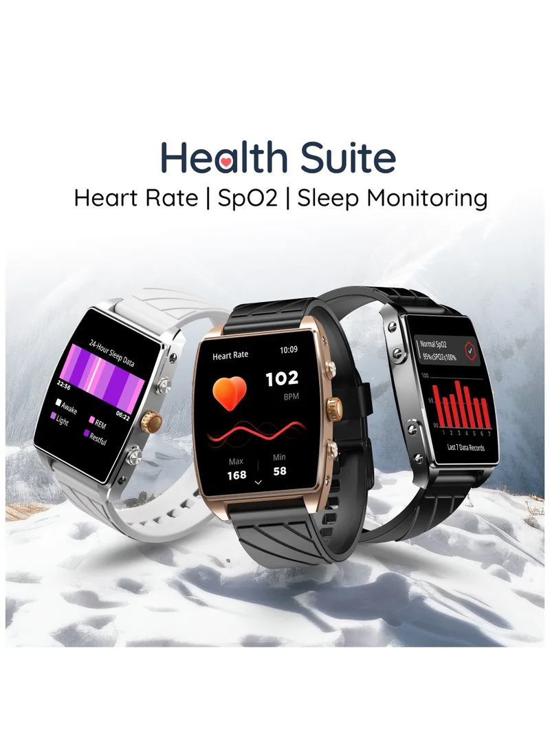 Pebble Mega 2.06" Amoled Display, Bluetooth Calling, Always on Display, SpO2,Heart Rate Monitoring, Multiple Watch Faces, Functional Rotating Crown, Multiple Watch Faces, AI Voice Assistant, Sleep Monitoring, Alarm & Notification, Timer, Camera Shutter, Remote Music Player, World Clock, Flash light, Find phone, Stopwatch, Weather, Exercise Records,