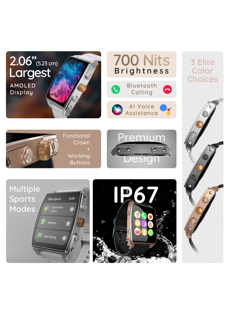 Pebble Mega 2.06" Amoled Display, Bluetooth Calling, Always on Display, SpO2,Heart Rate Monitoring, Multiple Watch Faces, Functional Rotating Crown, Multiple Watch Faces, AI Voice Assistant, Sleep Monitoring, Alarm & Notification, Timer, Camera Shutter, Remote Music Player, World Clock, Flash light, Find phone, Stopwatch, Weather, Exercise Records,