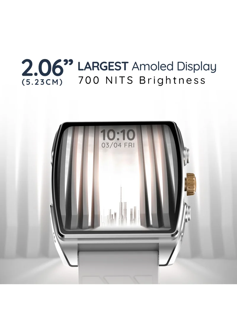 Pebble Mega 2.06" Amoled Display, Bluetooth Calling, Always on Display, SpO2,Heart Rate Monitoring, Multiple Watch Faces, Functional Rotating Crown, Multiple Watch Faces, AI Voice Assistant, Sleep Monitoring, Alarm & Notification, Timer, Camera Shutter, Remote Music Player, World Clock, Flash light, Find phone, Stopwatch, Weather, Exercise Records,