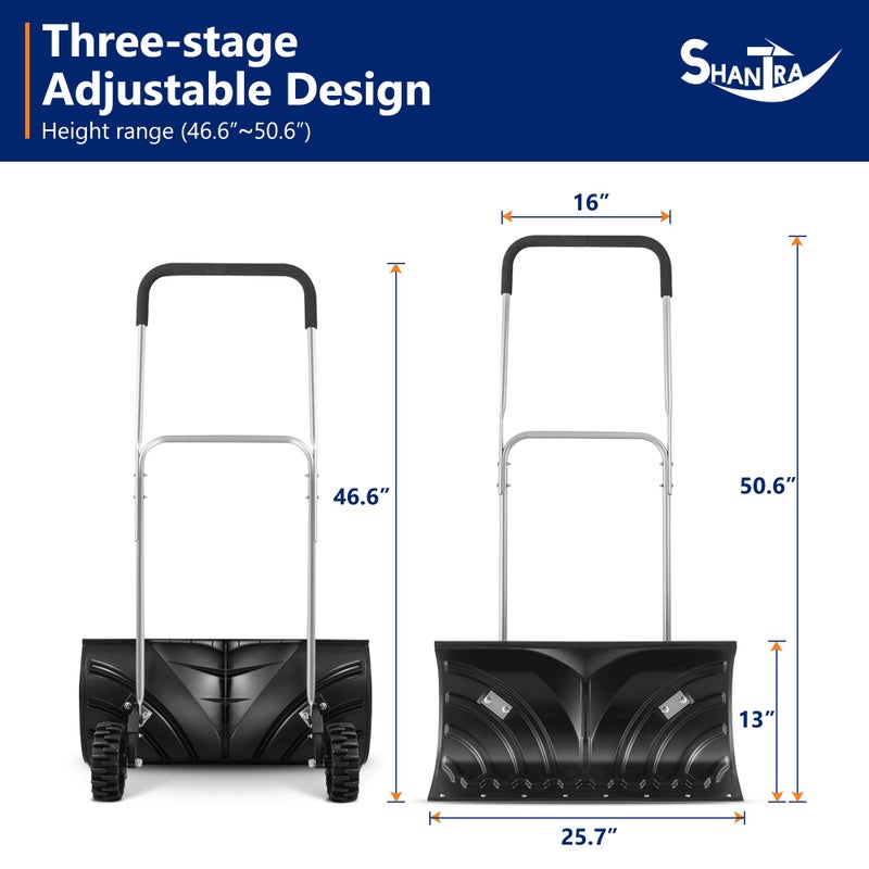 SHANTRA Snow Shovel with Wheels for Driveway, Heavy-Duty Snow Shovel Pusher with 26" x 13" Large Blade for Efficient Snow Removal, Adjustable Handle, U-Shaped Handle, Back Saver Snow Plow for Doorway - Image 2