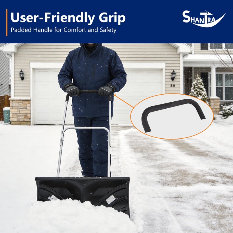 SHANTRA Snow Shovel with Wheels for Driveway, Heavy-Duty Snow Shovel Pusher with 26" x 13" Large Blade for Efficient Snow Removal, Adjustable Handle, U-Shaped Handle, Back Saver Snow Plow for Doorway - Image 4