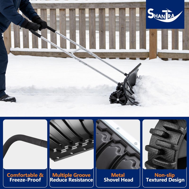 SHANTRA Snow Shovel with Wheels for Driveway, Heavy-Duty Snow Shovel Pusher with 26" x 13" Large Blade for Efficient Snow Removal, Adjustable Handle, U-Shaped Handle, Back Saver Snow Plow for Doorway - Image 3