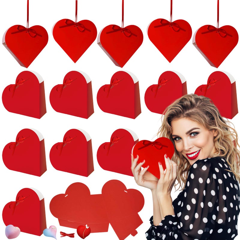 BASEMMAHER 15 Pcs Red Heart Treat Boxes Valentine's Day Love Heart Shaped Double-sided Candy Chocolate Baked Cookies Gift Folding Boxes for Wedding New Year Mother's Day Birthday Party Decor Supplies - Image 1