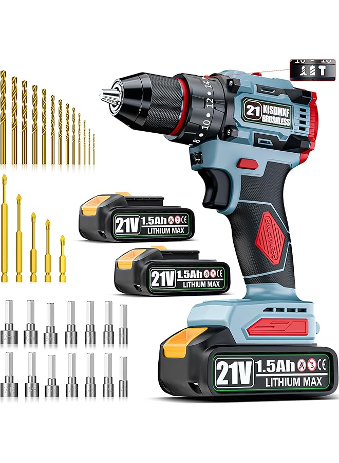 erorex 21V Cordless Drill Set Multifunctional Electric Impact Cordless Drill，3 8 Inch Keyless Chuck 2 Variable Speeds And Its Own Working Lights，There Are 2 Batteries 21+1 Position And 34 Pcs 2 Batteries - Image 1