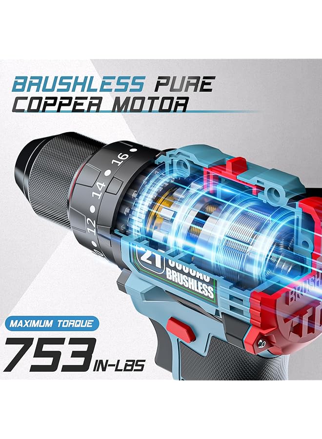 erorex 21V Cordless Drill Set Multifunctional Electric Impact Cordless Drill，3 8 Inch Keyless Chuck 2 Variable Speeds And Its Own Working Lights，There Are 2 Batteries 21+1 Position And 34 Pcs 2 Batteries - Image 2