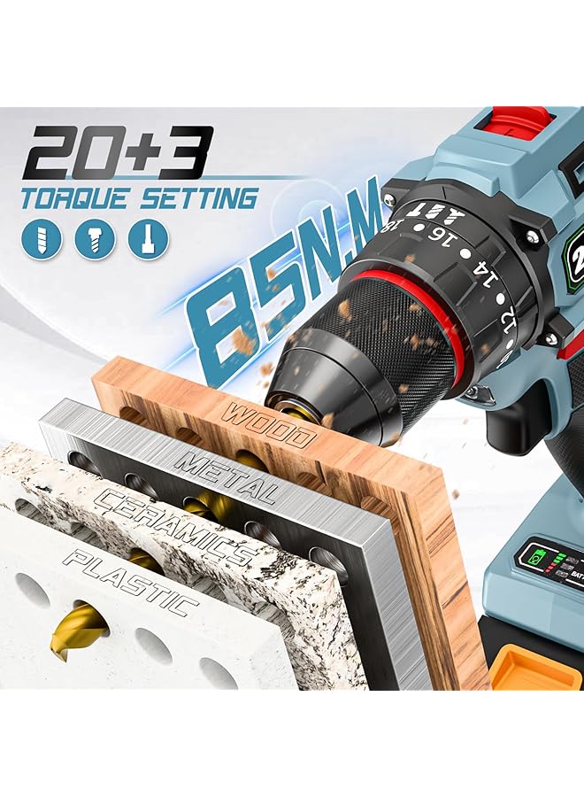 erorex 21V Cordless Drill Set Multifunctional Electric Impact Cordless Drill，3 8 Inch Keyless Chuck 2 Variable Speeds And Its Own Working Lights，There Are 2 Batteries 21+1 Position And 34 Pcs 2 Batteries - Image 4