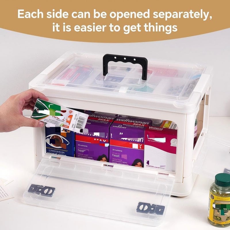 HEY FOLY 30qt Medicine Organizer Storage Box with 4-Side Opening Doors, 2 Tier Foldable Medication Organizer Empty, White Medicine Container Case Stackable First Aid Box for Home Medical Supply Storage - Image 2