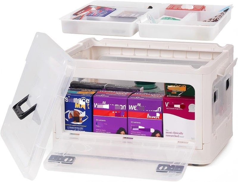 HEY FOLY 30qt Medicine Organizer Storage Box with 4-Side Opening Doors, 2 Tier Foldable Medication Organizer Empty, White Medicine Container Case Stackable First Aid Box for Home Medical Supply Storage - Image 1