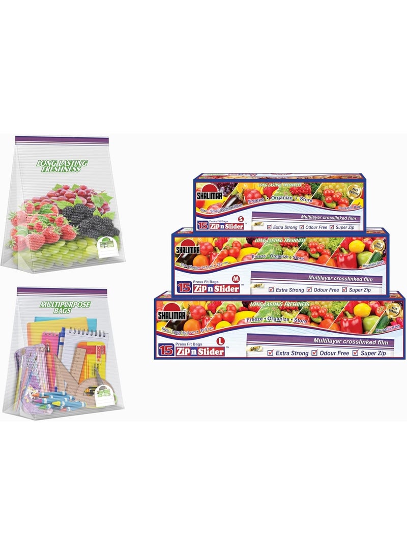 شاليمار حقيبة شاليمار بسحاب 'آن' لوك مكبس تناسب (قابلة لإعادة الاستخدام) (3 علب) حجم عبوة مركبة (صغير + متوسط + كبير) حقيبة خضروات/حقيبة تجميد/حقيبة تخزين متعددة الأغراض (عبوة من إجمالي 45 كيسا) اللون الطبيعي - Image 1